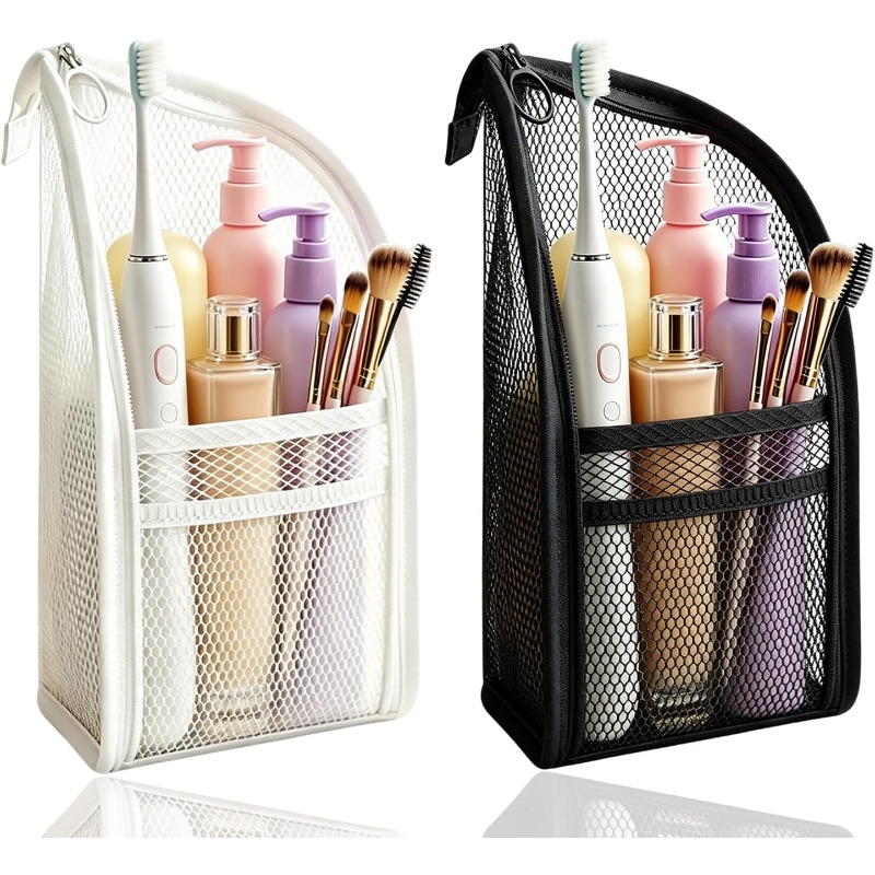 Tech Accessories Travel Bag - กระเป๋าใส่ของใช้ส่วนตัวแบบตาข่าย ระบายอากาศ แห้งเร็ว ตั้งได้ พร้อมที่วางแปรงสีฟันและที่จัดเก็บเครื่องสำอาง สำหรับเดินทาง