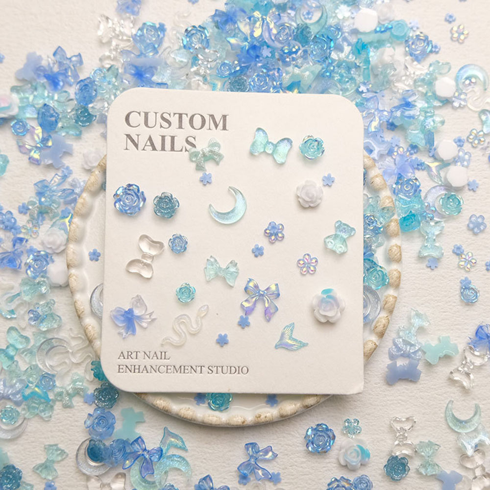 Y2K Tech Accessories - 50pcs ผสมสีฟ้าเล็บเรซิ่น Charms DIY Moon Bow