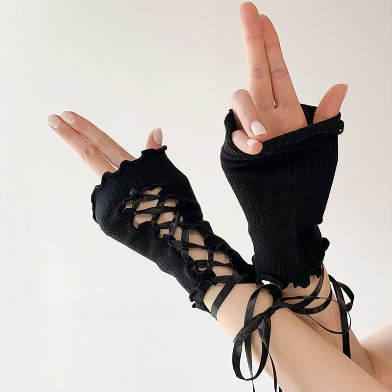 Y2K Tech Accessories - ถุงมือ Y2K สไตล์โลลิต้าสาวหวานมีเชือกผูกแขนจับจีบกระเพื่อมถุงมือครึ่งนิ้วกอธิคสำหรับผู้หญิงเครื่องประดับคอสเพลย์1คู่